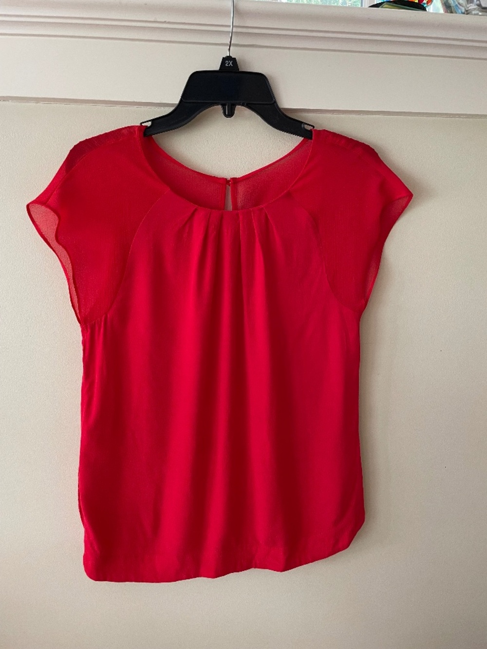 Promod Vibrant Red Pleated Scoop Neck chiffon Cap Sleeve Blouse l US 4